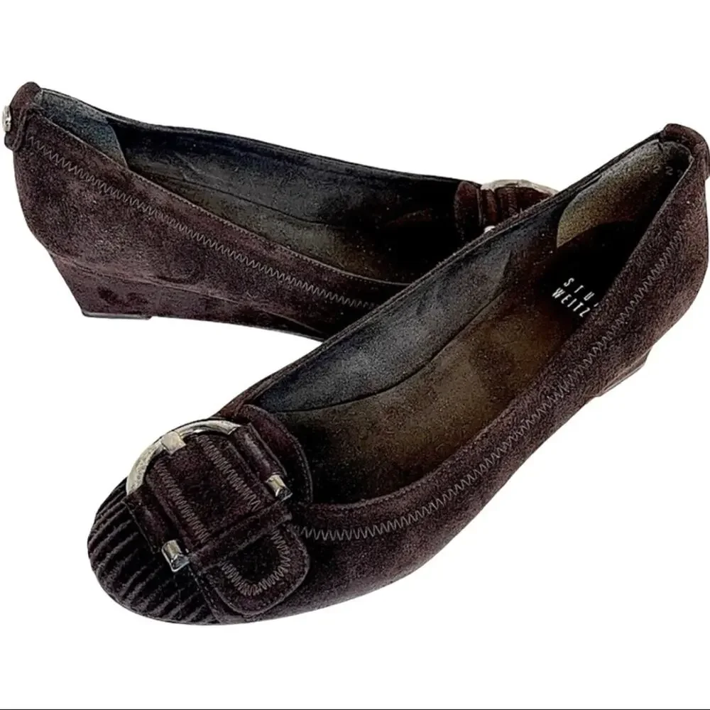 Stuart Weitzman Brown Suede Leather Buckle Wedge Shoes Women's Round Toe Size 6 - Picture 2 of 9
